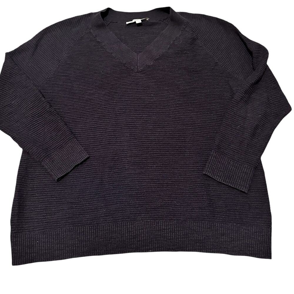 Loft Ribbed V-Neck Relaxed Fit Pullover Long Sleeve Sweater Navy, size S